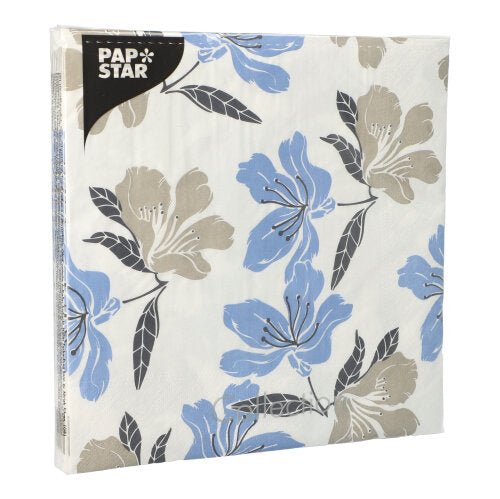 A pack of PAPSTAR 20 3-ply napkins, 40 x 40 cm, with a floral pattern in blue and beige with gray leaves on a white background. With a black "PAPSTAR" label in the upper left corner. Brand: PAPSTAR GmbH.