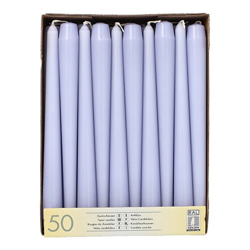 A box with 50 Starpak taper candles Ø 2.2 cm - 25 cm from Starpak, arranged upright in a single layer, with a beige bottom label indicating the product data and quantity.