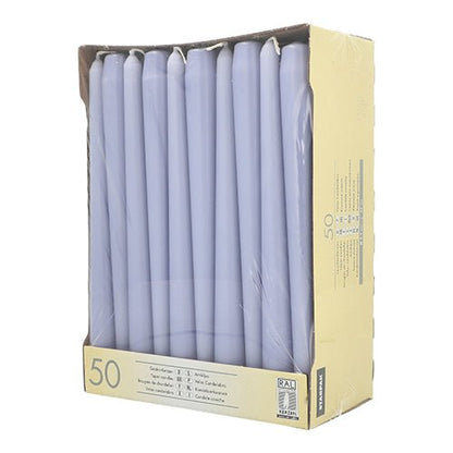 A cardboard box with 50 white Starpak taper candles Ø 2.2 cm - 25 cm, each with a long burn time, neatly arranged in two rows and wrapped in clear plastic, with product information and symbols on the front.