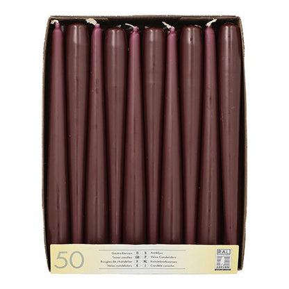 A box with 50 Starpak taper candles (Ø 2.2 cm, 25 cm long), arranged upright in rows, with a label on the front showing "50" and multiple translations for taper candle.