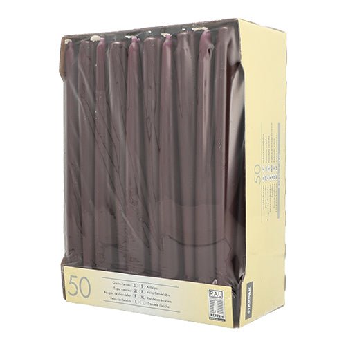 A beige Starpak box with product information on the side and front contains 50 dark purple taper candles (Ø 2.2 cm, 25 cm) in a clear plastic packaging.