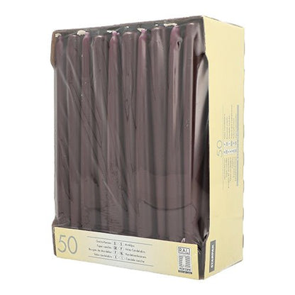 A beige Starpak box with product information on the side and front contains 50 dark purple taper candles (Ø 2.2 cm, 25 cm) in a clear plastic packaging.