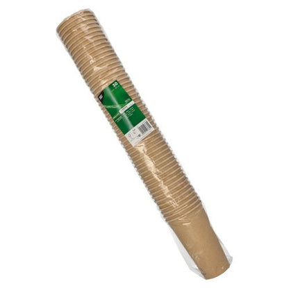 A sealed plastic packaging with 50 brown paper cups (each 0.5 l) from PAPSTAR GmbH, with green-white label and product details.
