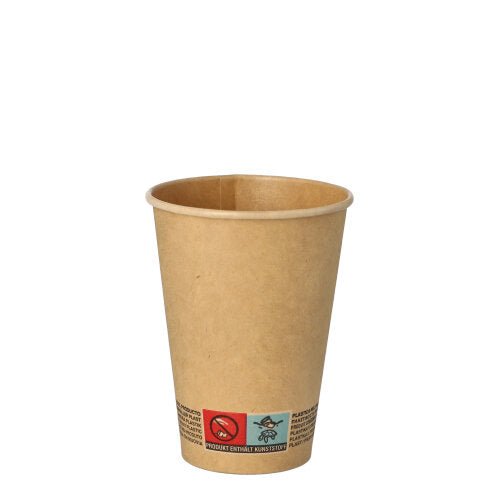 A PAPSTAR GmbH brown paper cup (Ø 7 cm, 9.2 cm high) with printed warning symbol and text at the bottom edge stands upright against a white background. 50 pieces per pack.