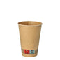 A PAPSTAR GmbH brown paper cup (Ø 7 cm, 9.2 cm high) with printed warning symbol and text at the bottom edge stands upright against a white background. 50 pieces per pack.