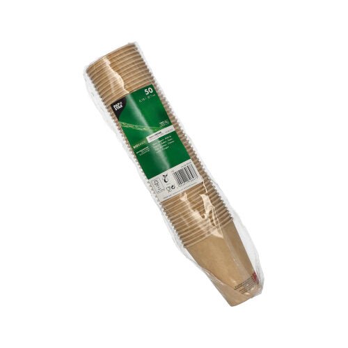 A sealed plastic package from PAPSTAR GmbH contains 50 brown, eco-friendly paper cups (Ø 7 cm, 9.2 cm high). The green label shows product info and barcode. The nested PAPSTAR paper drinking cups are depicted against a white background.