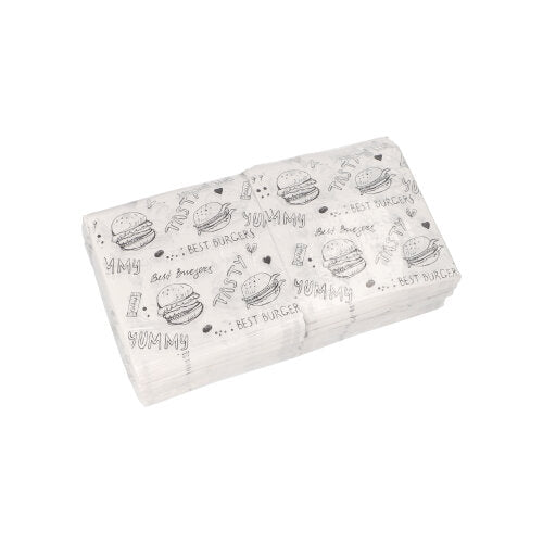 A stack of white PAPSTAR hamburger bags (13x13 cm) with black burger and fries motif and "YUMMY"/"BEST BURGER" lettering from PAPSTAR GmbH, ideal as packaging for your hamburgers; in 1000-piece shrink wrap packages.