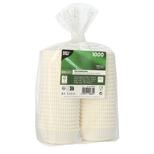 The PAPSTAR 1000 baking cups round of PAPSTAR GmbH are high-quality, fluted paper baking cups in a clear bag. The green label shows symbols for compostability and food safety - perfect for all baking needs.