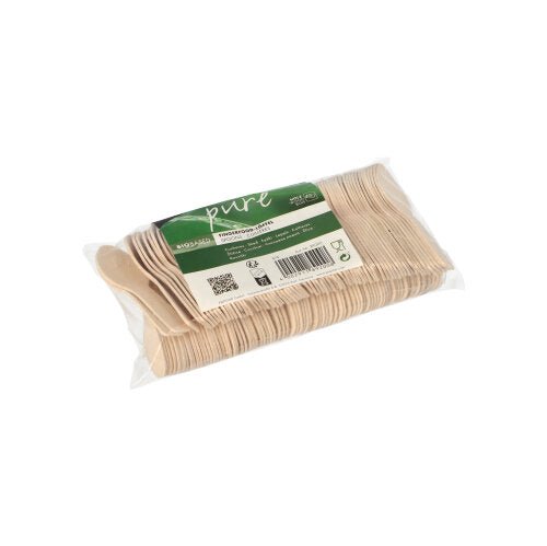 A transparent package of PAPSTAR finger food spoons made of wood "pure", 7.6 cm, 150 pieces, with a green-white label - an ideal eco-friendly cutlery from PAPSTAR GmbH for snacks at parties or events.