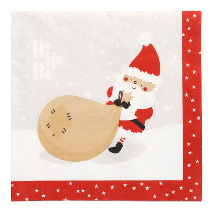 These 3-ply PAPSTAR napkins (40 x 40 cm, 1/4-fold) from PAPSTAR GmbH feature Santa Claus in a red costume pulling a sack through the snow, with "Ho Ho Ho" in the background and a red star border. Pack contains 20 napkins.