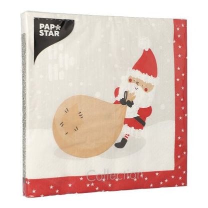 A 20-pack of PAPSTAR 3-ply napkins (40x40 cm, 1/4 fold) from PAPSTAR GmbH, with a Santa Claus motif with a brown sack, red-white star border, and the inscription "PAP STAR" in the upper left corner.
