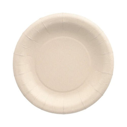 The PAPSTAR 20 plates made from agricultural residues "pure" round by PAPSTAR GmbH is an eco-friendly, beige disposable plate with a flat side and slightly textured surface, depicted from above on a white background.