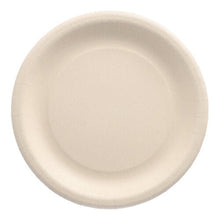 The PAPSTAR 20 plates made from agricultural residues "pure" - round, beige disposable plates made from sustainable raw materials with a slightly raised edge by PAPSTAR GmbH, photographed from above on a white background.