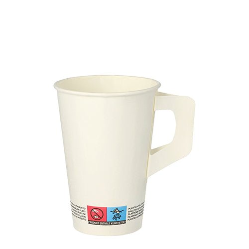 The Starpak 80 Paper Cup with Handle, White, by Starpak is a white disposable paper cup with a flat handle and markings on the bottom—perfect for parties and practical as a single-use drinking cup.