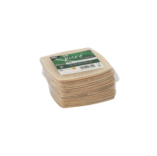 25 PAPSTAR "pure" QUADRATO palm leaf plates in natural, rectangular - sustainable, ideal for eco-conscious celebrations. Packed in clear foil with green-white label by PAPSTAR GmbH.
