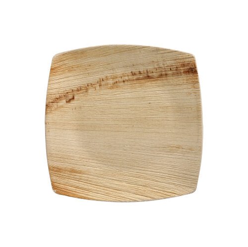 The PAPSTAR 25 plate palm leaf "pure" natural "QUADRATO" by PAPSTAR GmbH: square, light brown disposable tableware made from palm leaf with visible grain - eco-friendly, sustainable, and perfect for any occasion.
