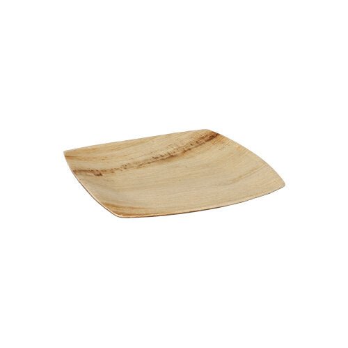 The PAPSTAR GmbH 25 plates, palm leaf "pure" natural "QUADRATO" are square, flat disposable plates made from sustainable, light natural material and are presented against a simple white background.