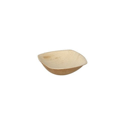 The PAPSTAR 25 palm leaf bowls "pure" "QUADRATO" natural from PAPSTAR GmbH is a small, flat, square bowl made of light, eco-friendly materials, shown on a simple white background.