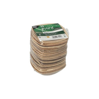 A stack of square, natural palm leaf bowls from the brand PAPSTAR GmbH is wrapped in plastic. A green-white label on top indicates: PAPSTAR 25 palm leaf bowls "pure" "QUADRATO" natural.