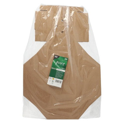 A 20-pack PAPSTAR burger boxes made of cardboard "pure" from PAPSTAR GmbH, partially wrapped in clear plastic with a green-white label - ideal for eco-friendly transport and designed similarly to shirt carriers.