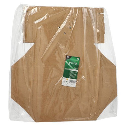 A stack of flat, brown PAPSTAR 20 burger boxes, cardboard "pure" from PAPSTAR GmbH is wrapped in clear plastic and bears a green-white label with product information on the front.