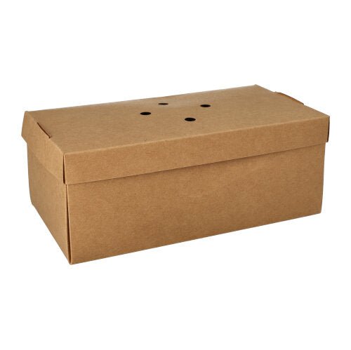 The burger boxes "pure" from PAPSTAR GmbH made of eco-friendly cardboard are rectangular and have a lid with three small round holes on the top. They are sold in packs of 20 and are depicted on a white background.