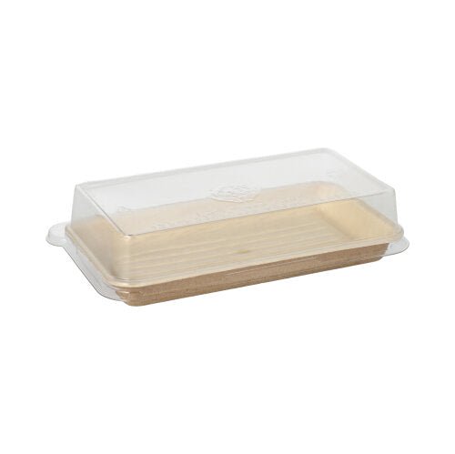 The Starpak 10 Sushi Trays Palm Leaf Rectangular with rPET Lid "Combo Pack" features a rectangular beige palm leaf base and a transparent rPET lid, depicted on a white background.