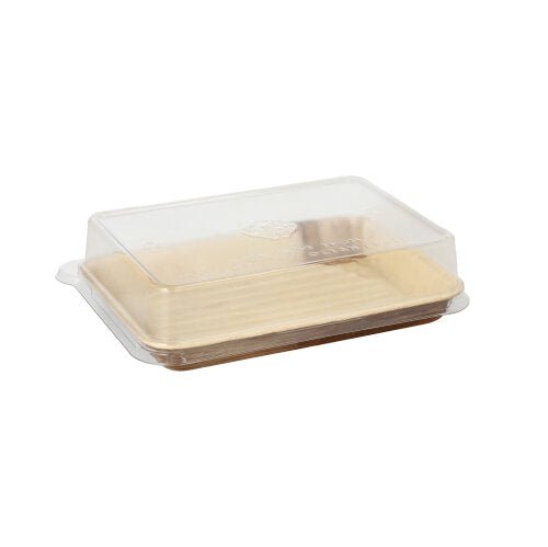 The Starpak 10 Sushi Trays Palm Leaf Rectangular with rPET Lid "Combo Pack" features a rectangular palm leaf tray with a clear rPET lid, depicted against a simple white background.