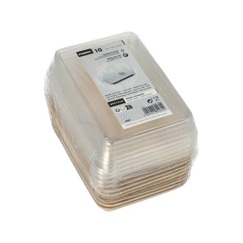 A pack of ten rectangular Starpak 10 Sushi Trays Palm Leaf food containers in brown, each with a transparent rPET lid ("Combo Pack"), wrapped in plastic and provided with a product information label on the top.