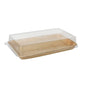 The Starpak 10 Sushi Trays Palm Leaf Rectangular with rPET Lid "Combo Pack" is a rectangular, transparent food container made of plastic with a transparent rPET lid from the Starpak brand, depicted empty against a simple white background.