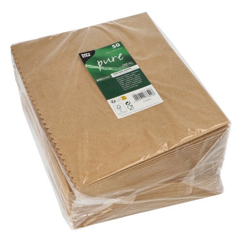 A stack of PAPSTAR popcorn boxes rectangular, brown (19.2x15.8x8 cm, large), 50 pieces, packed in clear plastic with green-white brand label - ideal for events. Brand: PAPSTAR GmbH.
