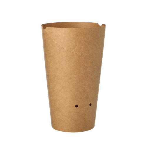 The PAPSTAR 50 French fries cone, a round brown cardboard container (Ø 6 cm) from PAPSTAR GmbH, with a curved top edge and two small holes in the lower area, photographed against a white background.