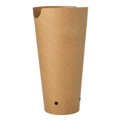 A single PAPSTAR 50 French fries cone, round cardboard Ø 6 cm brown from PAPSTAR GmbH stands upright with two small holes near the bottom against a plain white background.