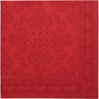 The PAPSTAR 50 napkins "ROYAL Collection" 1/4-fold 40 x 40 cm in burgundy are characterized by a square shape with embossed floral and geometric patterns, a darker red border, and a sophisticated, symmetrical design - premium quality from PAPSTAR GmbH.