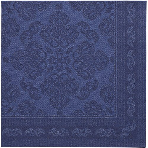 A dark blue, 40x40 cm square paper napkin from the PAPSTAR ROYAL Collection from PAPSTAR GmbH with an embossed, ornate floral and swirl center and a decorative border.