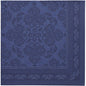 A dark blue, 40x40 cm square paper napkin from the PAPSTAR ROYAL Collection from PAPSTAR GmbH with an embossed, ornate floral and swirl center and a decorative border.