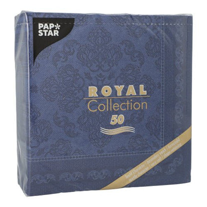 A blue pack of PAPSTAR GmbH 50 napkins "ROYAL Collection" 1/4-fold, 40x40 cm, dark blue, with an ornate pattern and golden accents.