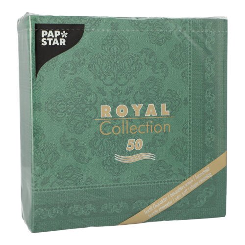 A pack of PAPSTAR GmbH 50 napkins "ROYAL Collection" 1/4-fold, size 40 x 40 cm in green, features napkins with an ornate pattern and a golden diagonal label at the corner.