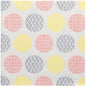 A white surface with a grid of large yellow, pink, and gray circles, each featuring a distinct floral or geometric pattern - reminiscent of the 50 "ROYAL Collection" napkins 1/4-fold 40x40 cm yellow by PAPSTAR GmbH.