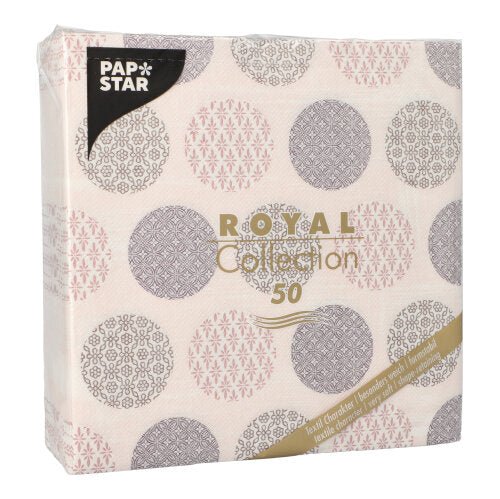 A pack of 50 PAPSTAR "ROYAL Collection" napkins 1/4-fold 40 x 40 cm in pink by PAPSTAR GmbH, with decorative design and product information on the front.