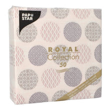 A pack of 50 PAPSTAR "ROYAL Collection" napkins 1/4-fold 40 x 40 cm in pink by PAPSTAR GmbH, with decorative design and product information on the front.