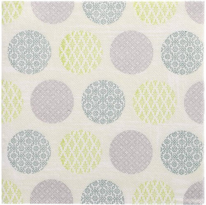 The PAPSTAR 50 napkins "ROYAL Collection" 1/4-fold 40 x 40 cm green from PAPSTAR GmbH are characterized by a patterned surface with evenly distributed circles in gray, blue, and green on white, each filled with delicate geometric or floral patterns.