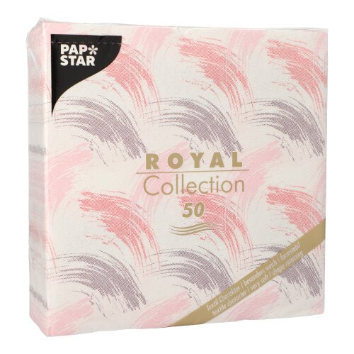 A pack from PAPSTAR GmbH 50 napkins "ROYAL Collection" 1/4-fold, 40 x 40 cm, in burgundy. The label on the front shows "50" napkins and product information in several languages.