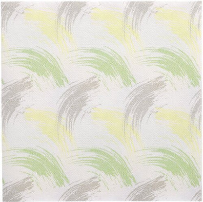 A square fabric, inspired by the 50 napkins "ROYAL Collection" 1/4-fold 40x40 cm green from PAPSTAR GmbH, with an abstract, repeating pattern of green, yellow, and beige brushstrokes on white in a wave-like, overlapping design.