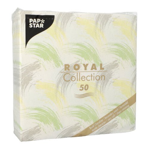 The "ROYAL Collection" pack of PAPSTAR GmbH contains 50 green napkins in the format 40 x 40 cm (1/4-fold), model: PAPSTAR 50 napkins ROYAL Collection green.