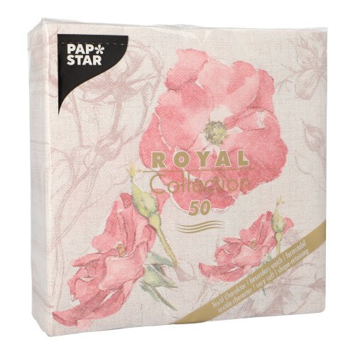 A pack of 50 PAPSTAR GmbH "ROYAL Collection" napkins, 1/4-fold, 40 x 40 cm, in pink. These napkins feature a floral design with large pink flowers and golden text on the front, packaged in a transparent plastic wrap.