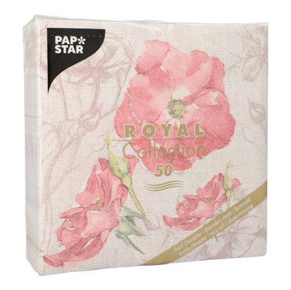 A pack of 50 PAPSTAR GmbH "ROYAL Collection" napkins, 1/4-fold, 40 x 40 cm, in pink. These napkins feature a floral design with large pink flowers and golden text on the front, packaged in a transparent plastic wrap.
