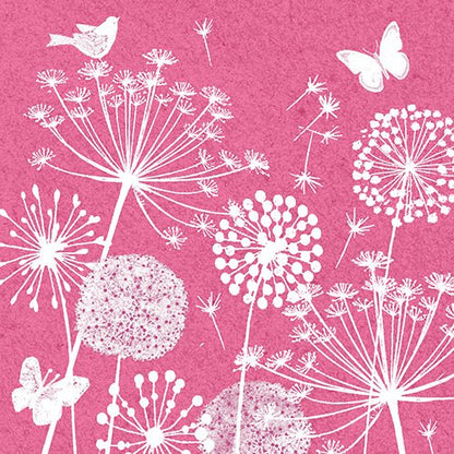 White silhouettes of dandelion-like flowers, butterflies, and a bird float on a textured pink background. 30 napkins from PAPSTAR GmbH, 3-ply, 1/4-fold (33 x 33 cm), feature delicate dandelion seeds floating in the breeze.