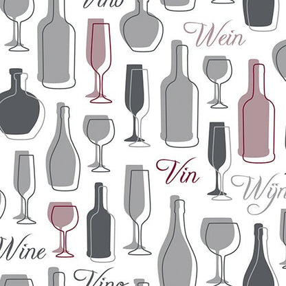 Stylish seamless pattern with wine bottle and glass silhouettes in gray and red on white, along with "Wine", "Vin", "Wein", and "Wijn" – ideal for 30 napkins from PAPSTAR GmbH, 3-ply, 1/4-fold, 33 x 33 cm.