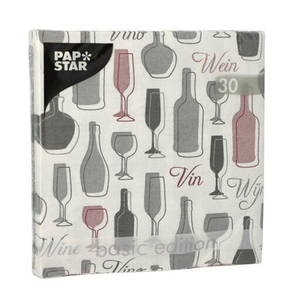 PAPSTAR GmbH 30 napkins, 3-ply, 1/4-fold, 33x33 cm, with wine and glass motif in gray and red – high-quality paper napkins in the basic package.